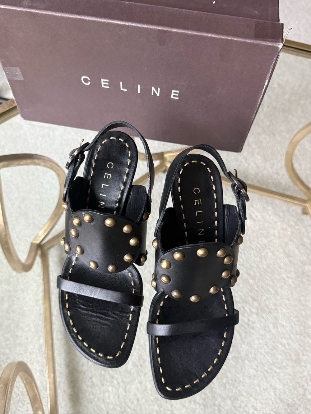 Celine Black Leather Gold Studded Punjab Sandals Msrp Approx $1200 View 4